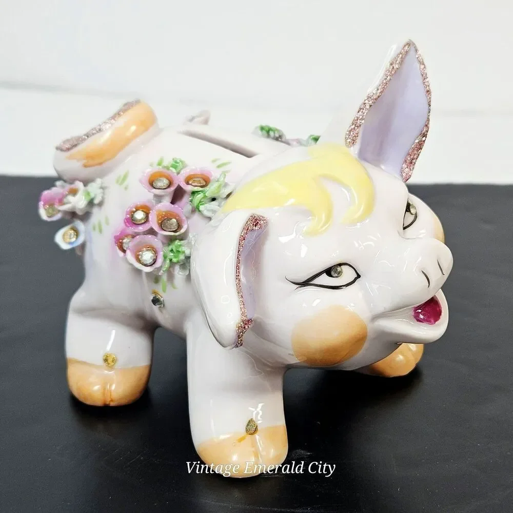 Vtg Lefton Piggy Bank Hand Painted Applied Flowers Rhinestones Vintage 1950 READ